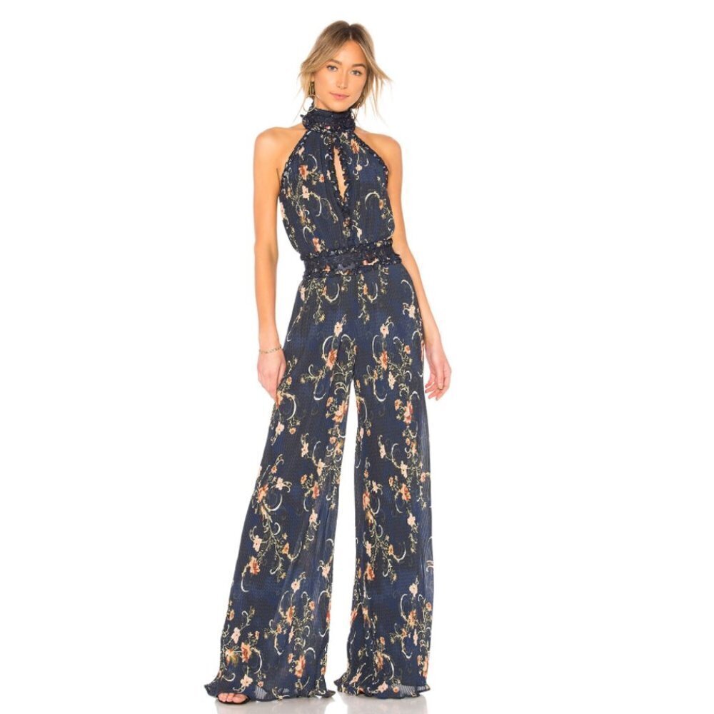 NWT We Are Kindred Adele Wide Leg Halter Cut Out Pleated Jumpsuit Navy Floral 4